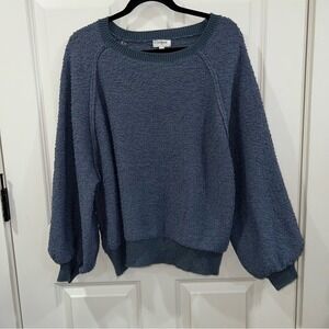 Umgee Textured Knit‎ Pullover Sweater Ribbed Trim Blue Size Large